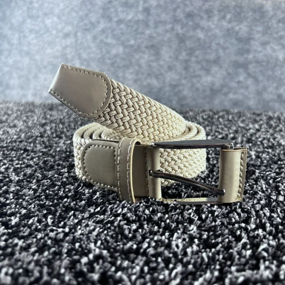 Mens Braided Beige Elastic Woven Golf Belt Faux Leather Accents Silver Buckle 43